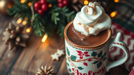 Hot chocolate with whipped cream and christmas decoration on wooden background.の写真素材
