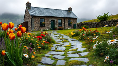 Old stone walkway with flowers in front of the cottage in Scotlandの写真素材