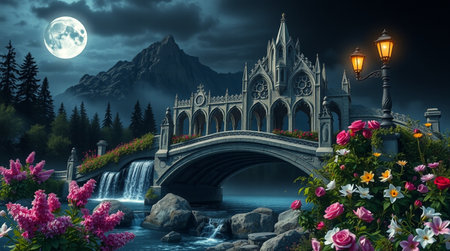 Fantasy landscape with a stone bridge over the river at night.の写真素材