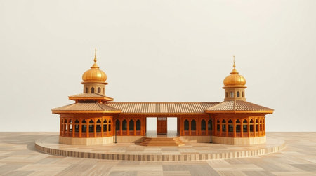 3d rendering of a mosque with golden domes on a wooden floorの写真素材