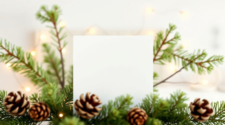 Christmas greeting card mockup with fir branches, pine cones and garland lightsの写真素材