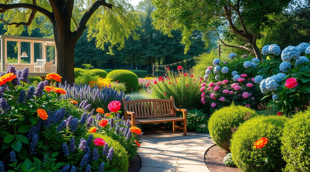 Beautiful flower garden in the morning with bench and colorful flowers.