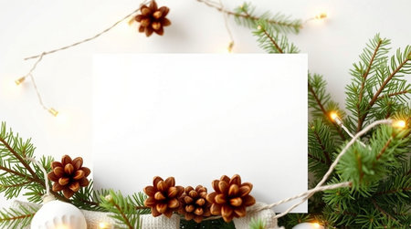Christmas greeting card mockup with fir branches, pine cones and lights on white background