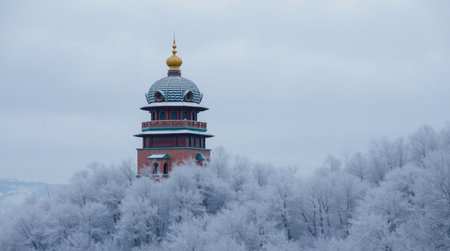 Winter view of the old water tower in the city of Pskov, Russiaの写真素材