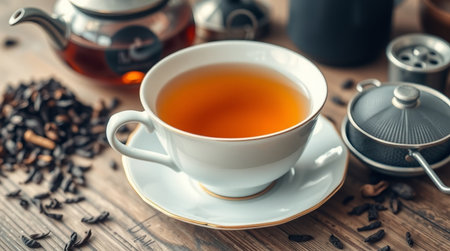 Cup of tea with teapot and teacup on wooden tableの写真素材