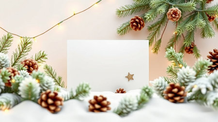 Christmas greeting card mockup with fir tree branches, pine cones, stars and garland lights on white background. Christmas, winter, new year concept. Flat lay, top view.の写真素材