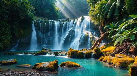 Tropical waterfall in deep forest, Thailand. Long exposure.