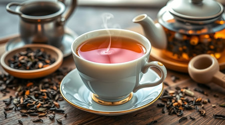 Tea cup and teapot on old wooden table, closeupの写真素材