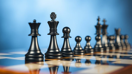 Black chess pieces on the chessboard. The concept of leadership and teamworkの写真素材
