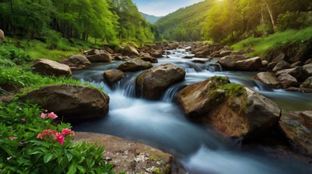 Beautiful mountain river flowing through the green forest in the summer.の写真素材