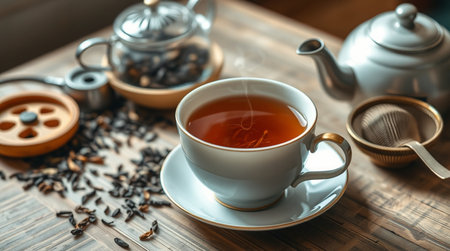 Cup of tea and teapot on wooden table, closeupの写真素材