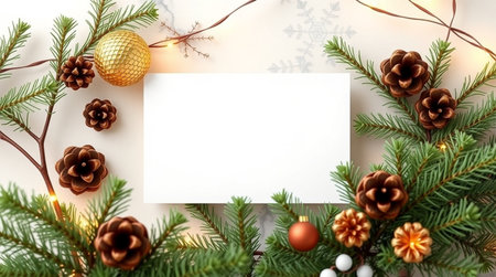 Christmas greeting card mockup with fir branches, pine cones and decorations on white background....