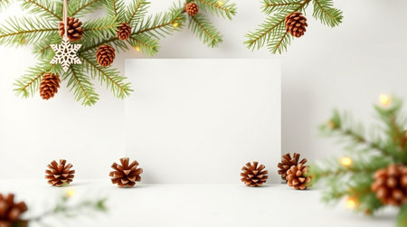 Christmas greeting card mockup with fir branches and pine cones on white backgroundの写真素材