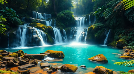 Tropical waterfall in the jungle of Thailand. Long exposure.の写真素材