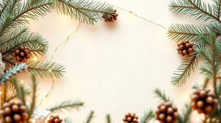 Christmas and New Year background. Fir branches, pine cones, garland on a white background.の写真素材