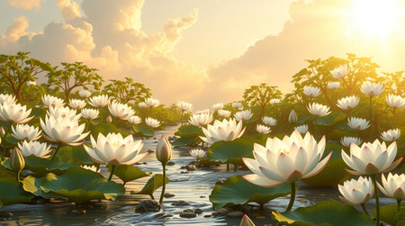 Lotus flower blooming in the pond at sunset. 3d renderingの写真素材