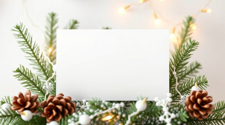 Christmas greeting card mockup with fir tree branches, garland lights and copy spaceの写真素材