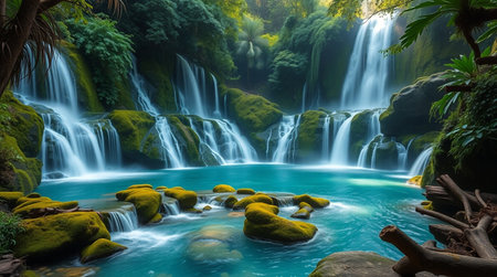 Beautiful waterfall in deep forest at Kanchanaburi province, Thailandの写真素材