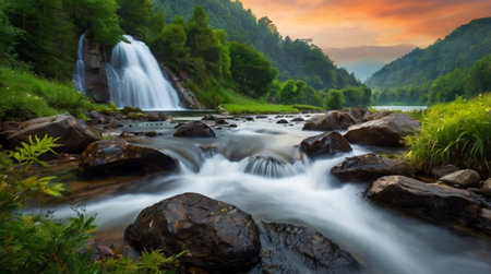 Long exposure of a waterfall in the Carpathian Mountains during sunset