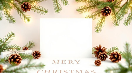Christmas greeting card mockup with fir tree branches, pine cones and gift boxes on white backgroundの写真素材