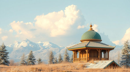 Beautiful wooden structure in the meadow with snowy mountains in the backgroundの写真素材