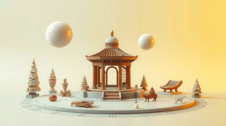 Chinese pavilion in the city. 3D rendering. Digital illustration.の写真素材