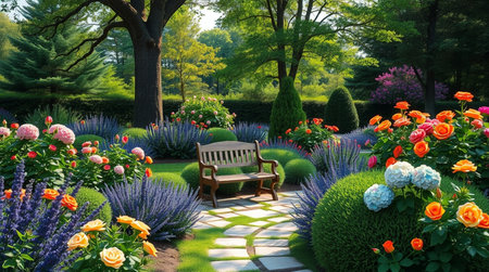 Beautiful flower garden with a bench and a path in the middleの写真素材