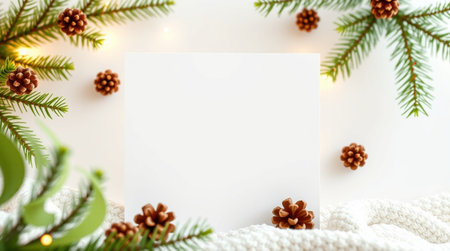 Christmas greeting card mockup with fir tree branches, pine cones and lights on white backgroundの写真素材