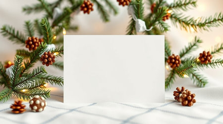 Christmas greeting card mockup with fir branches and christmas decorations.の写真素材