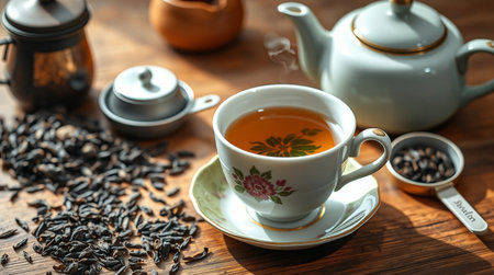 Cup of aromatic black tea with sunflower seeds on wooden tableの写真素材