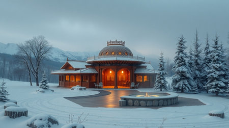 Mountain chalet in the winter forest at sunset. Christmas.の写真素材