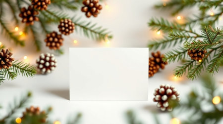 Christmas greeting card mockup with fir branches, pine cones and garland lights on white backgroundの写真素材