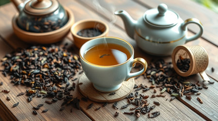 Cup of tea and teapot on wooden table, closeupの写真素材