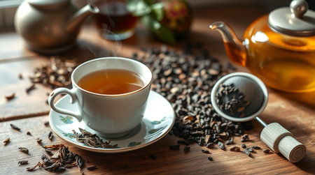 Cup of tea and teapot on wooden table, closeupの写真素材