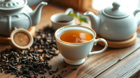 Cup of tea with teapot on wooden table, closeup