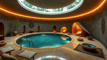 3D CG rendering of spa room and swimming pool with wood floor