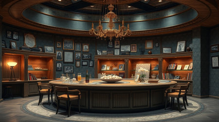3D rendering of a medieval library in a Victorian style with wooden furnitureの写真素材