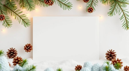 Christmas greeting card mockup with fir branches, pine cones and garland lights on white background. Top view, flat layの写真素材