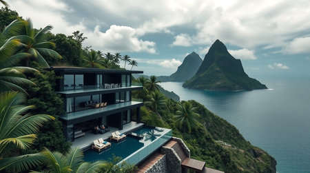 Luxury villa on a hill overlooking the sea and mountainsの写真素材