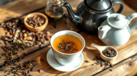 Cup of green tea and teapot on wooden table, closeupの写真素材