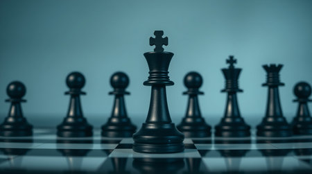 Black king chess piece on the chessboard, business and leadership conceptの写真素材