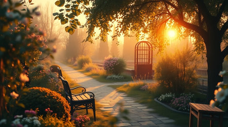 Garden at sunset with bench and chair. 3d rendering.の写真素材