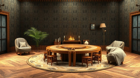 Interior of the living room with armchairs, coffee table and fireplace - rendering
