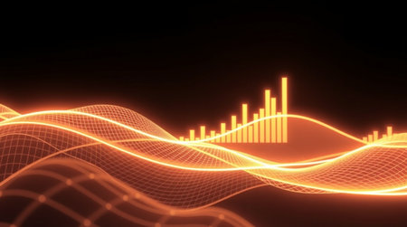 3d illustration of abstract technology digital equalizer background. Sound wave with glowing particlesの写真素材