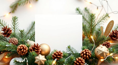 Christmas greeting card mockup with copy space. Fir tree branches, golden baubles, pine cones and garland lights on white wooden background. Top view.の写真素材
