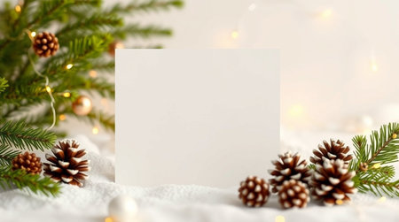 Christmas greeting card mockup with fir branches, pine cones, garland lights on white background