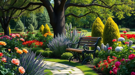 Luxury flower garden with bench and blooming flowers in springの写真素材