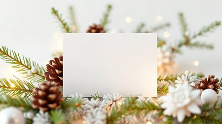 Christmas greeting card mockup with pine cones and fir branches on white background with garland lightsの写真素材