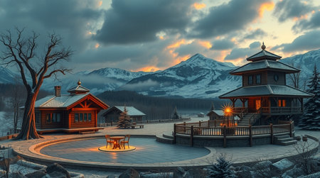 3D CG rendering of Snowy mountain panorama with wooden houseの写真素材