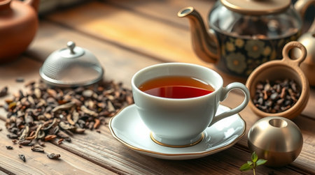 Cup of tea with teapot on wooden table, closeupの写真素材